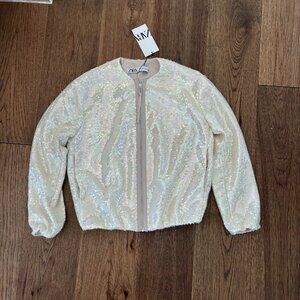 Zara Ivory Sequin Bomber Jacket